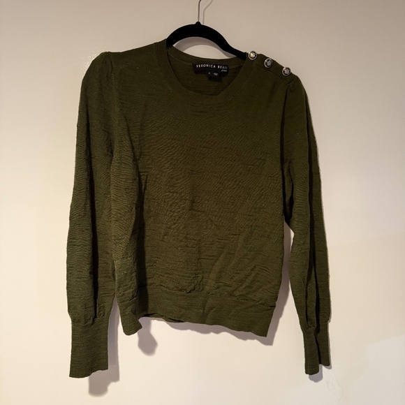 Veronica Beard Grayden Wool Knit Stretch Button Shoulder Crew Neck Sweater Army - Picture 1 of 4